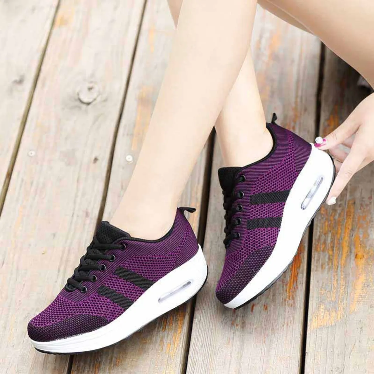 Purple plain flyknit rocker bottom shoe sneaker