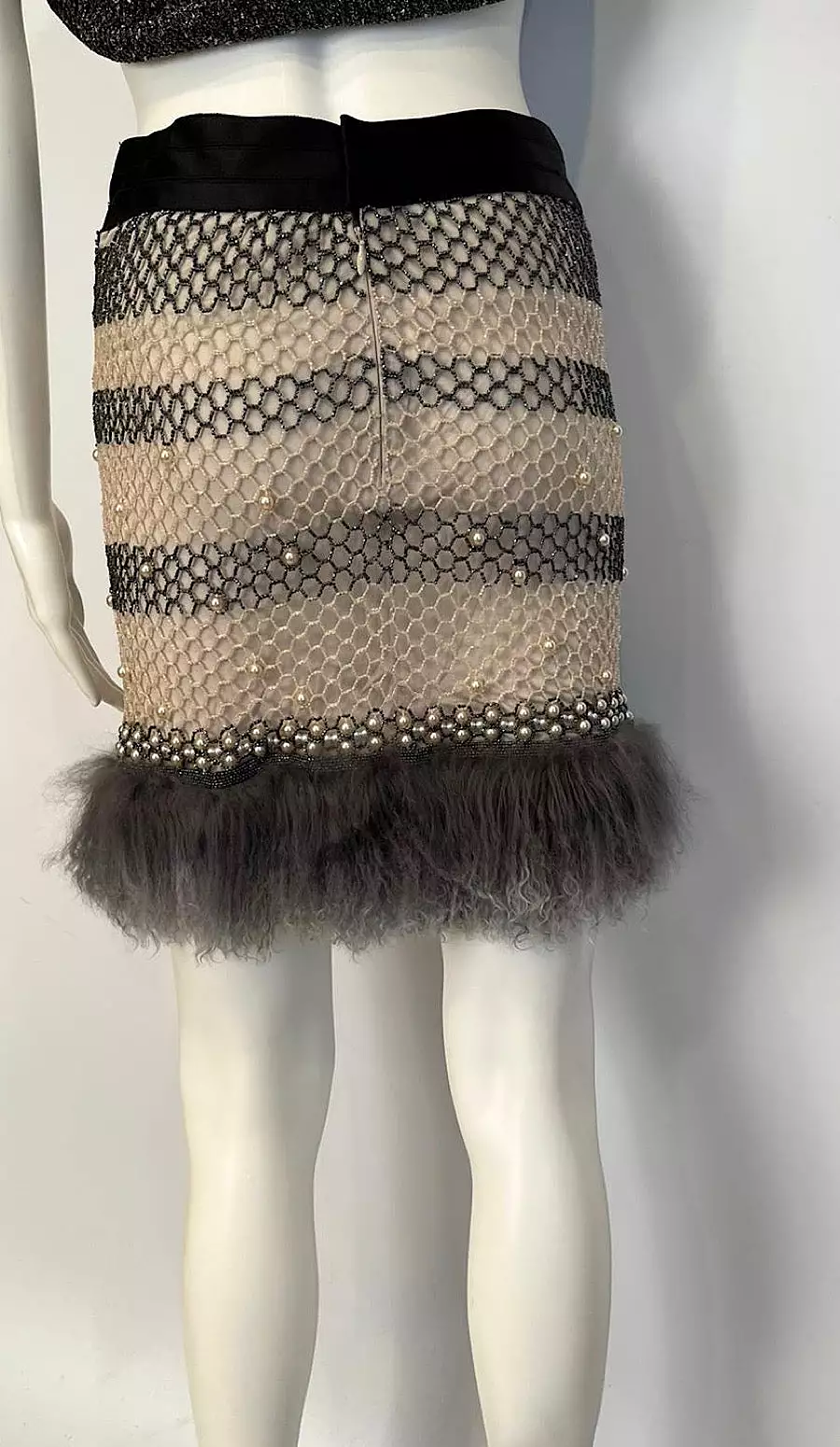 Rare New with Tags Chanel 03A 2003 Fall Beige Brown Pearl Feather Trim Mini Skirt  FR 38