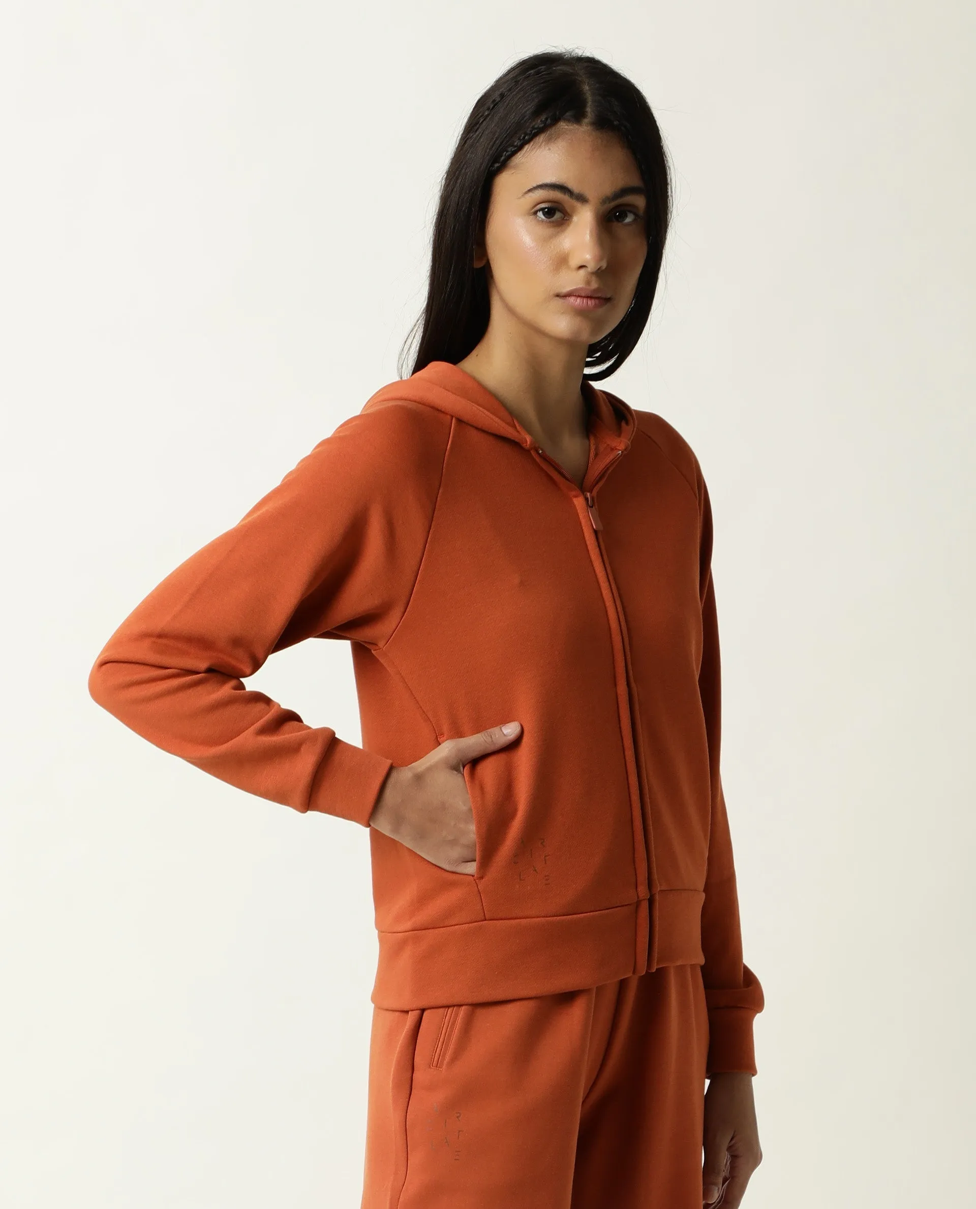 Rareism Women Capper Orange Cotton Blend Fabric Full Sleeves Solid Hooded Jacket