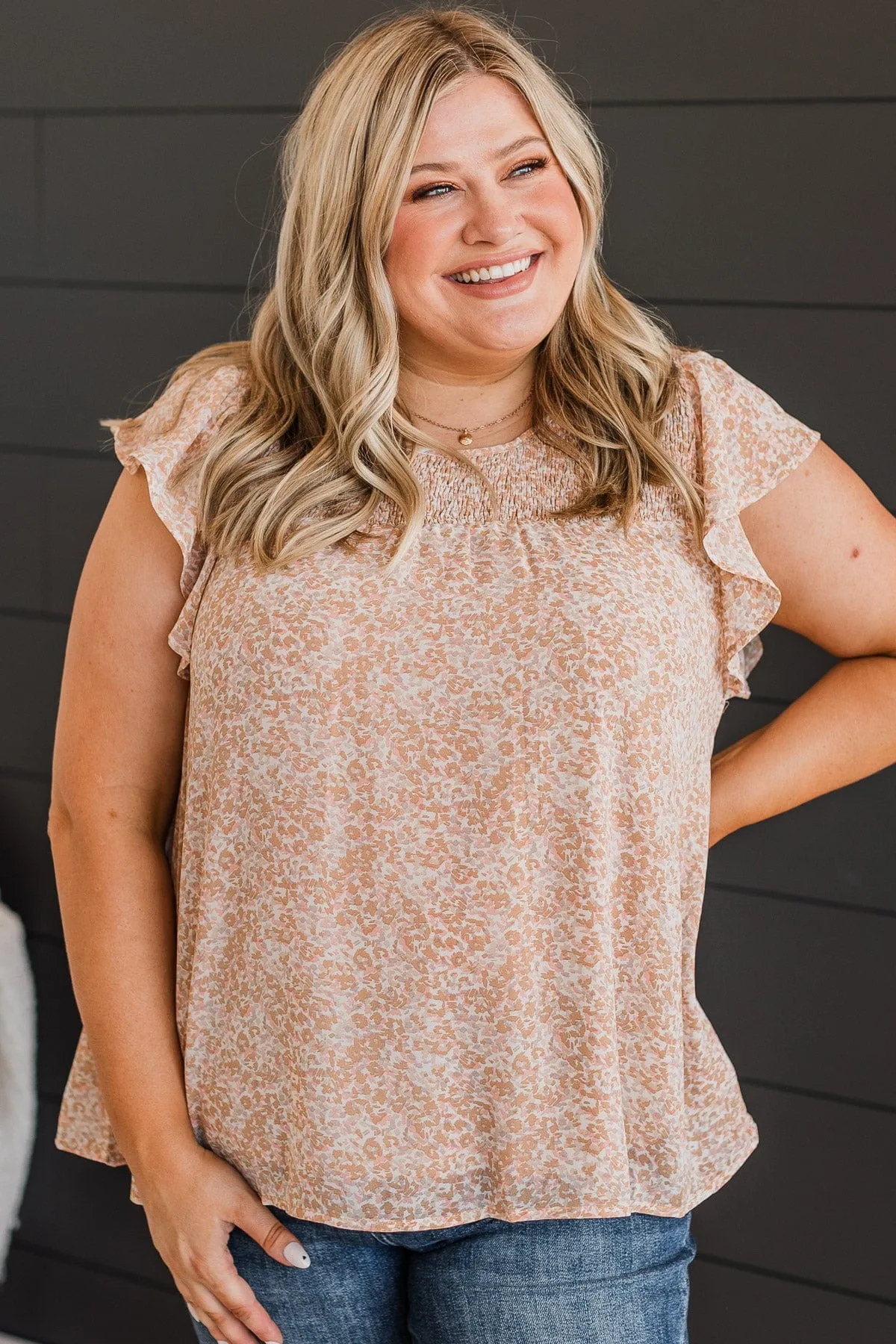 Sign Me Up Smocked Blouse- Caramel & Pink