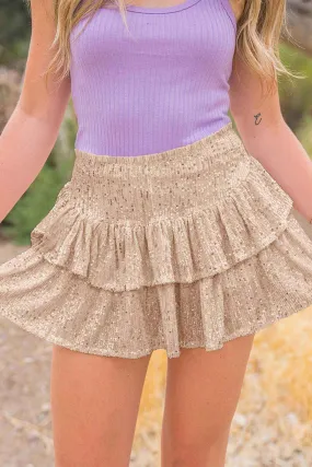 Solid Sequined Pleated Tiered Mini Skirt