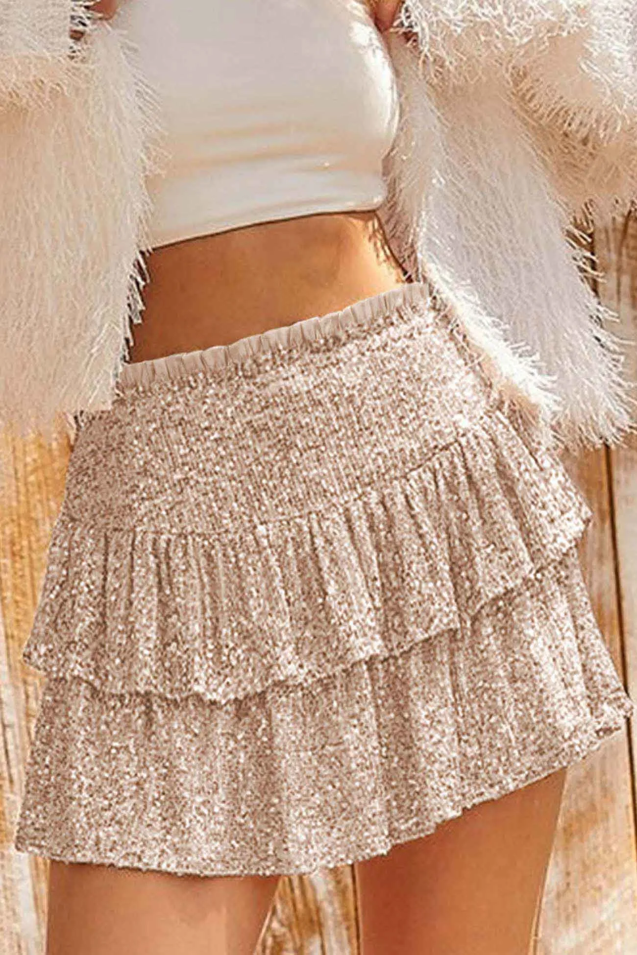 Solid Sequined Pleated Tiered Mini Skirt