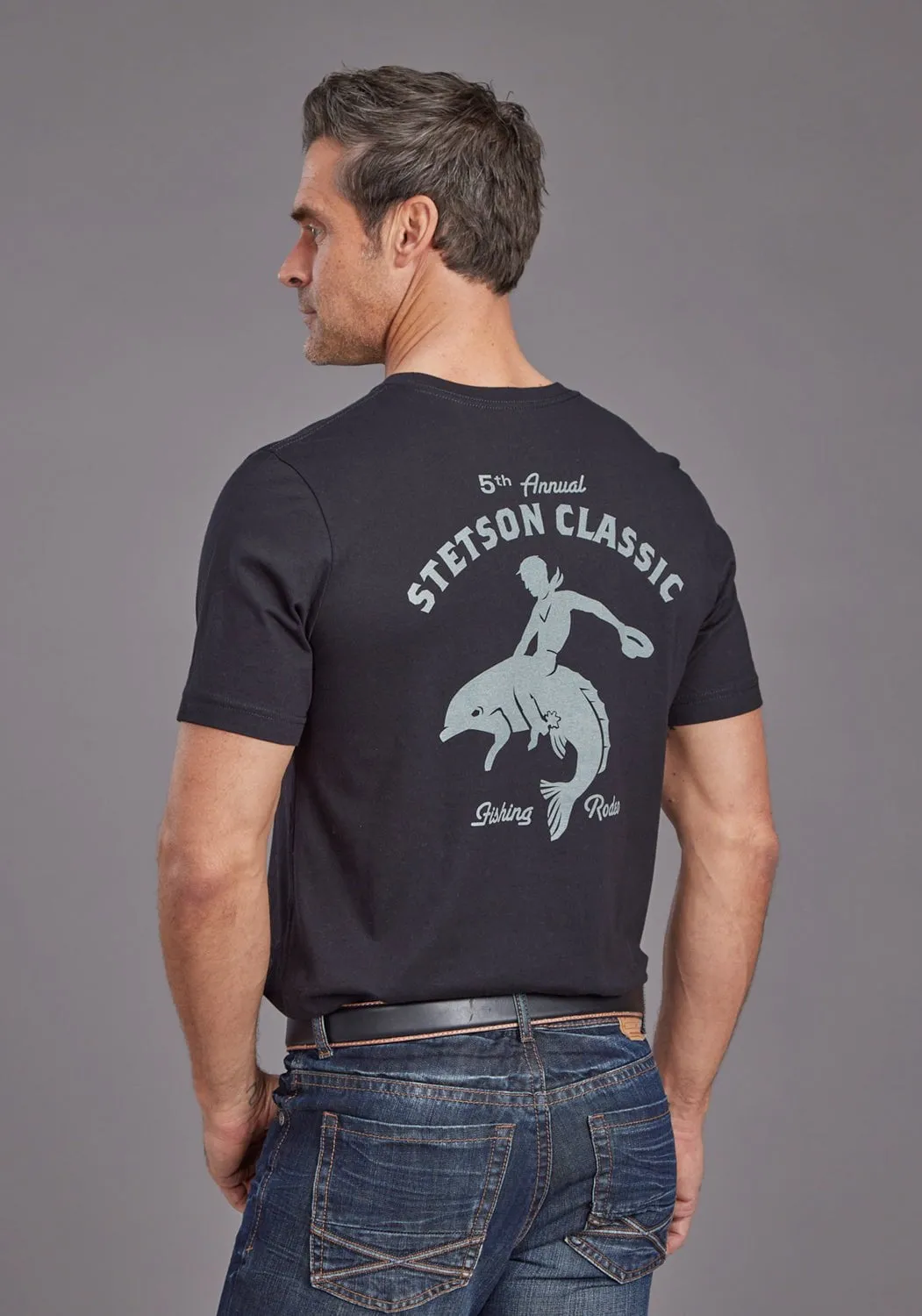 Stetson Mens Fishing Rodeo Black 100% Cotton S/S T-Shirt