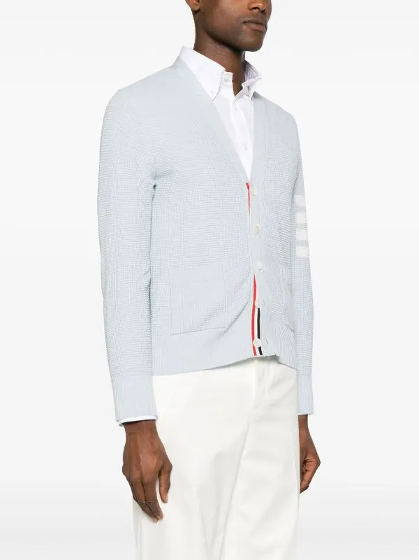 THOM BROWNE - Men Textured Stitch Relaxed Fit V Neck Cardigan In Linen Cotton Blend W/4 Bar Stripes Intarsia