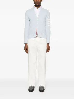 THOM BROWNE - Men Textured Stitch Relaxed Fit V Neck Cardigan In Linen Cotton Blend W/4 Bar Stripes Intarsia