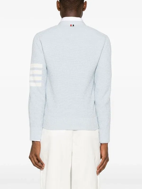 THOM BROWNE - Men Textured Stitch Relaxed Fit V Neck Cardigan In Linen Cotton Blend W/4 Bar Stripes Intarsia