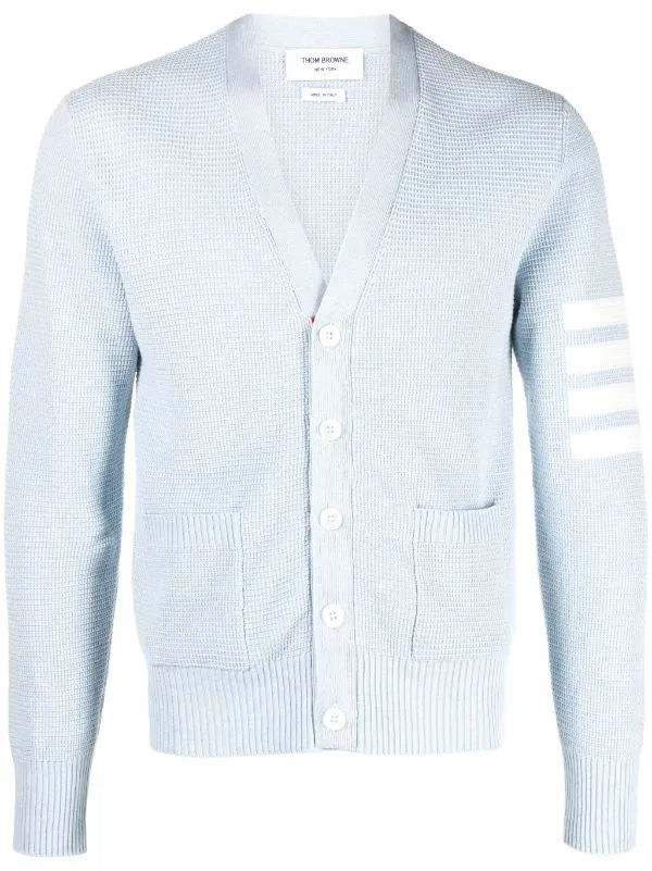 THOM BROWNE - Men Textured Stitch Relaxed Fit V Neck Cardigan In Linen Cotton Blend W/4 Bar Stripes Intarsia