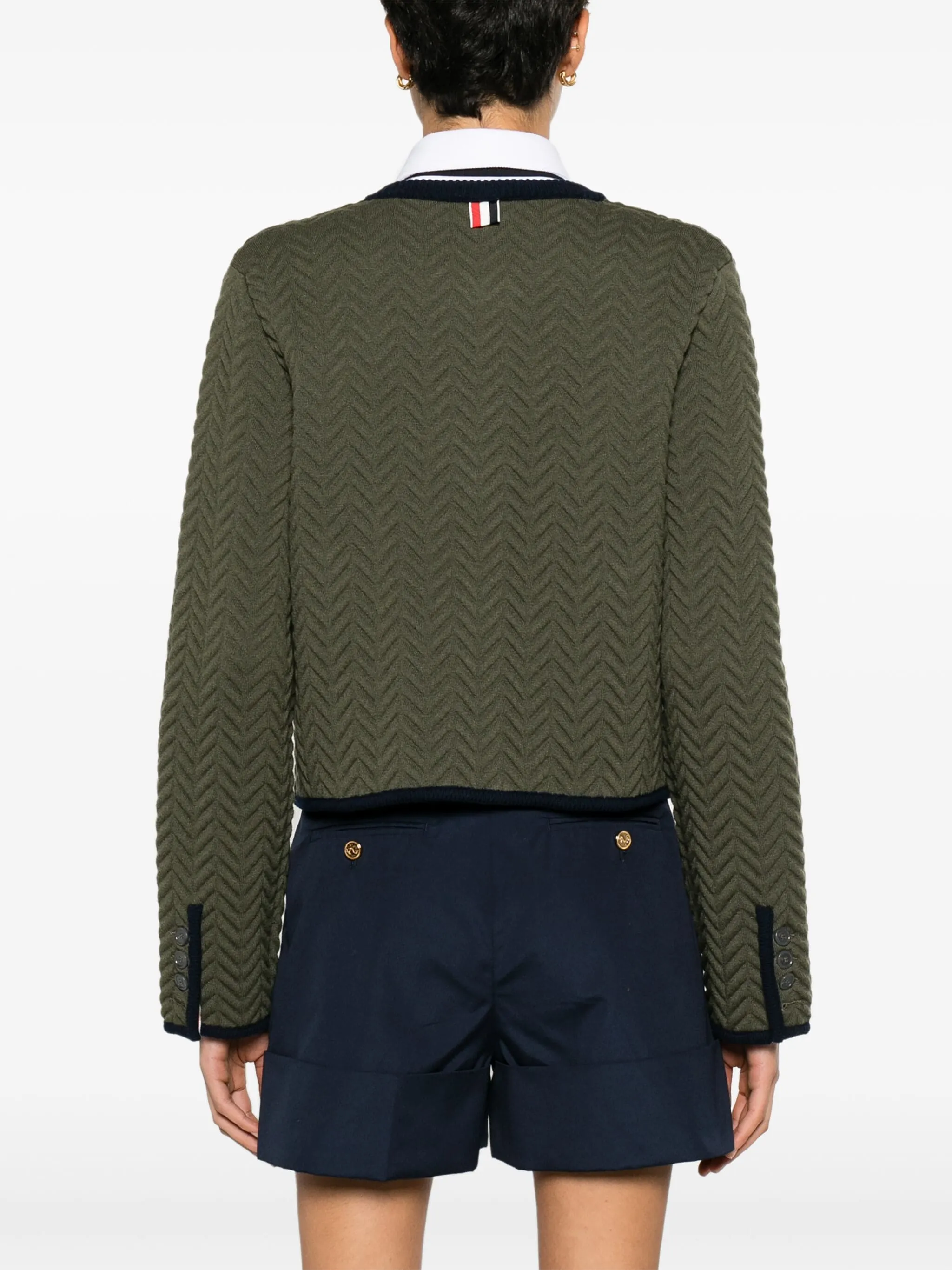 THOM BROWNE - Women Herringbone Quilted Jacquard Cropped Crew Neck Cardigan Jacket In Merino Wool