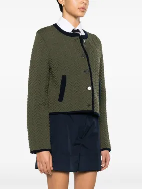 THOM BROWNE - Women Herringbone Quilted Jacquard Cropped Crew Neck Cardigan Jacket In Merino Wool