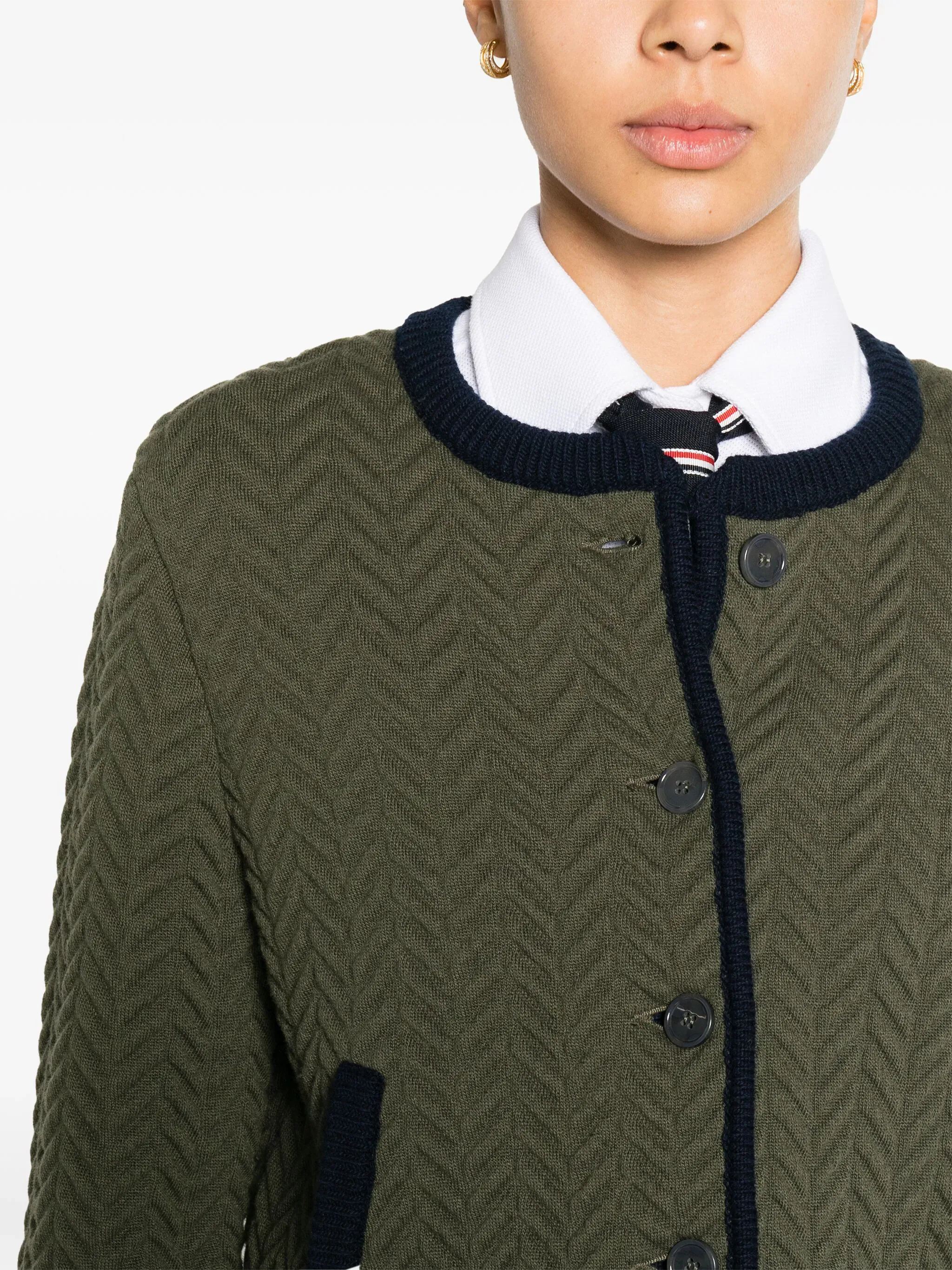 THOM BROWNE - Women Herringbone Quilted Jacquard Cropped Crew Neck Cardigan Jacket In Merino Wool