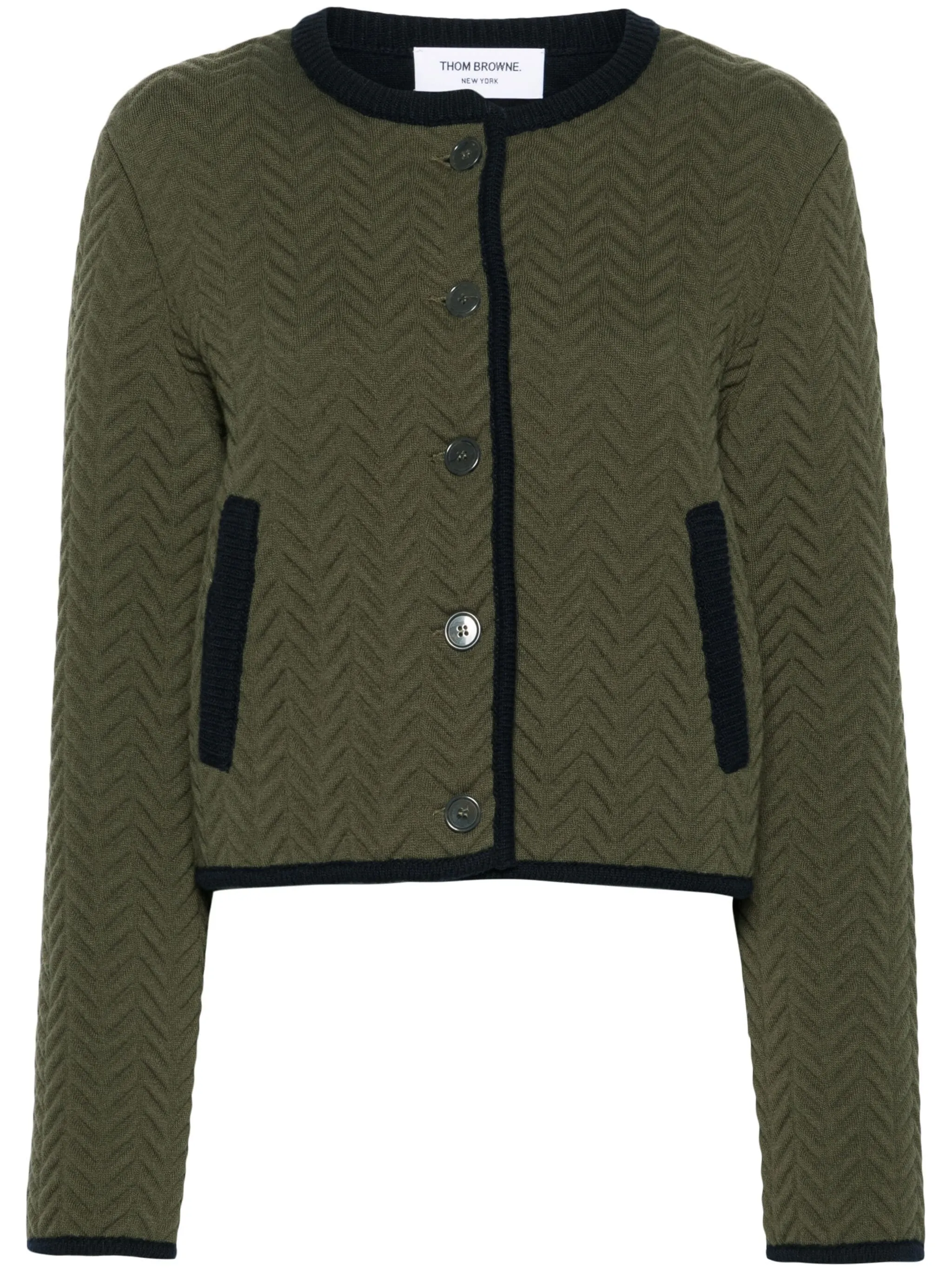 THOM BROWNE - Women Herringbone Quilted Jacquard Cropped Crew Neck Cardigan Jacket In Merino Wool