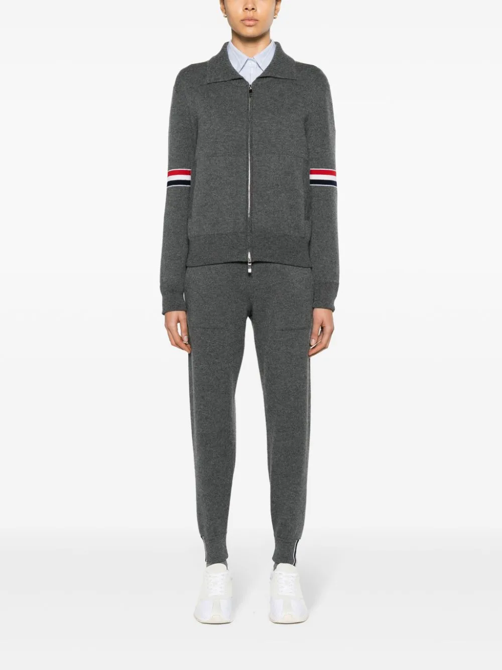 THOM BROWNE - Women Jersey Float Jacquard Stitch Polo Collar Full Zip In Cashmere W/Rwb Armband Cardigan