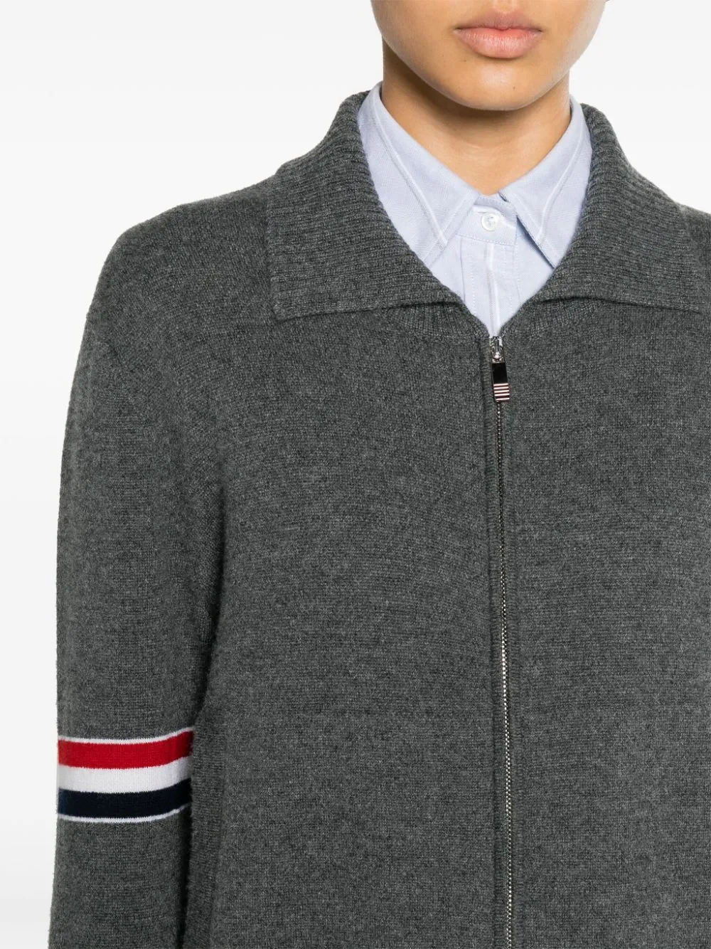 THOM BROWNE - Women Jersey Float Jacquard Stitch Polo Collar Full Zip In Cashmere W/Rwb Armband Cardigan