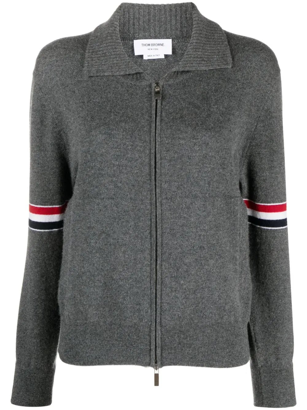 THOM BROWNE - Women Jersey Float Jacquard Stitch Polo Collar Full Zip In Cashmere W/Rwb Armband Cardigan