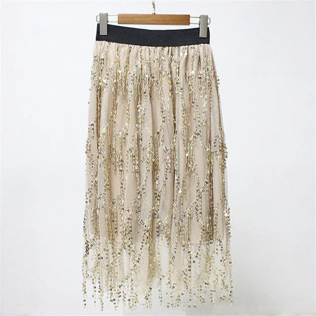 Woherb New  Tulle Skirt Sequins Bling Skirt Elegant Skirts Ball Gown Skirts Fashion Woman High Waist Skirts Plus Size 72751 SM6