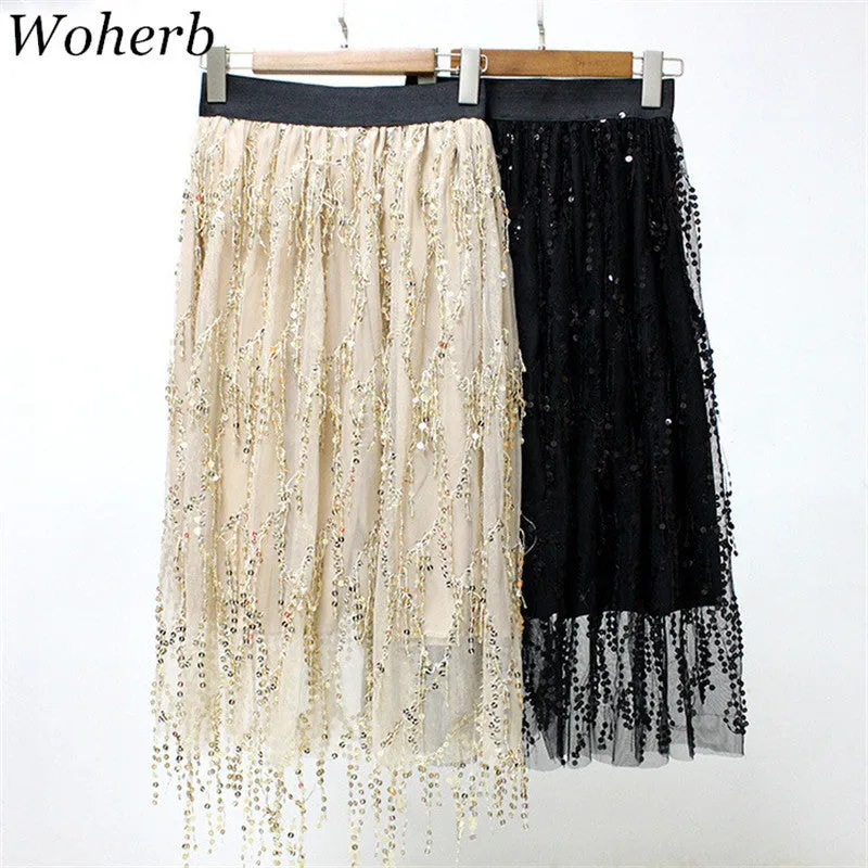 Woherb New  Tulle Skirt Sequins Bling Skirt Elegant Skirts Ball Gown Skirts Fashion Woman High Waist Skirts Plus Size 72751 SM6