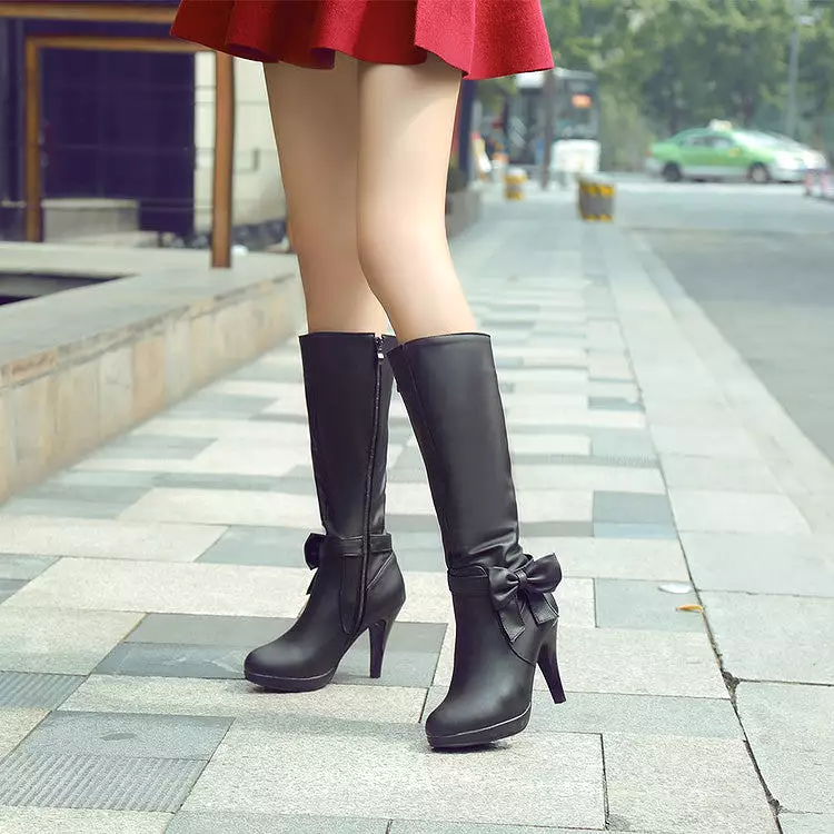 Women's Bow Tie Slouch Cone Heel Platform Side Zippers Knee High Boots