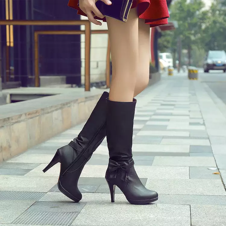 Women's Bow Tie Slouch Cone Heel Platform Side Zippers Knee High Boots