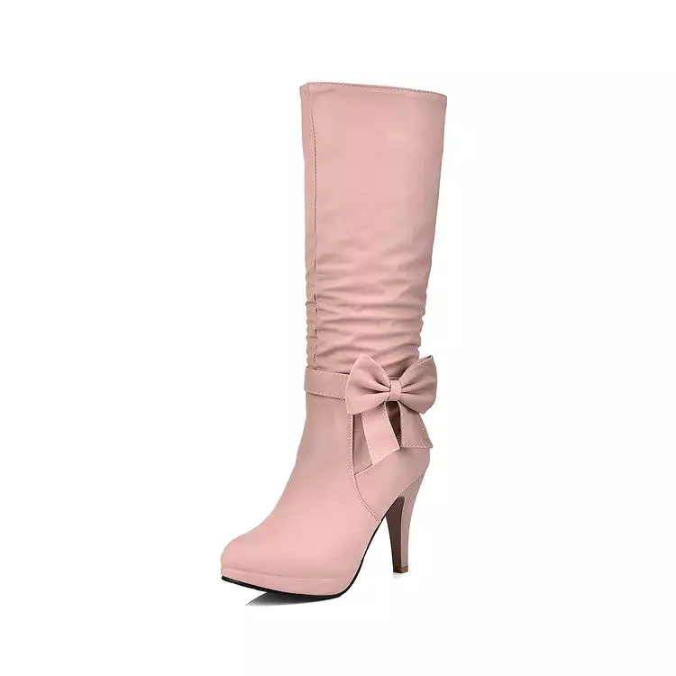 Women's Bow Tie Slouch Cone Heel Platform Side Zippers Knee High Boots