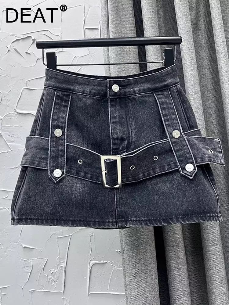 Women's Denim Skirt Spliced Belt High Waist Black A-line Wrap Hip Thin Cargo Mini Skirts 2023 Summer New Fashion 29L960