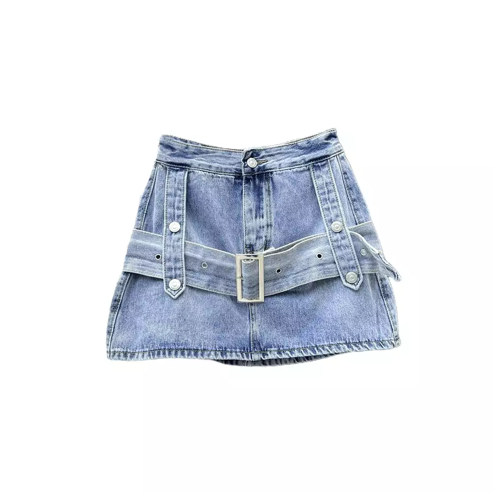 Women's Denim Skirt Spliced Belt High Waist Black A-line Wrap Hip Thin Cargo Mini Skirts 2023 Summer New Fashion 29L960