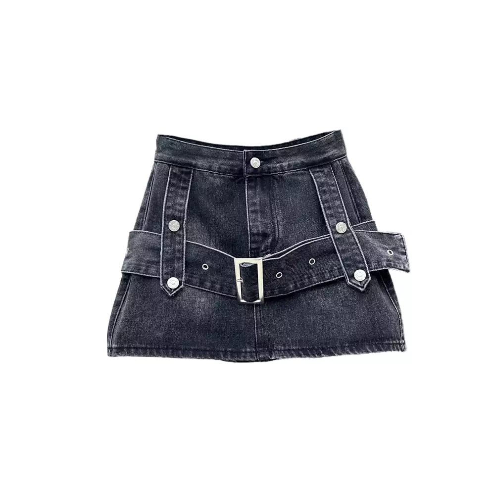 Women's Denim Skirt Spliced Belt High Waist Black A-line Wrap Hip Thin Cargo Mini Skirts 2023 Summer New Fashion 29L960