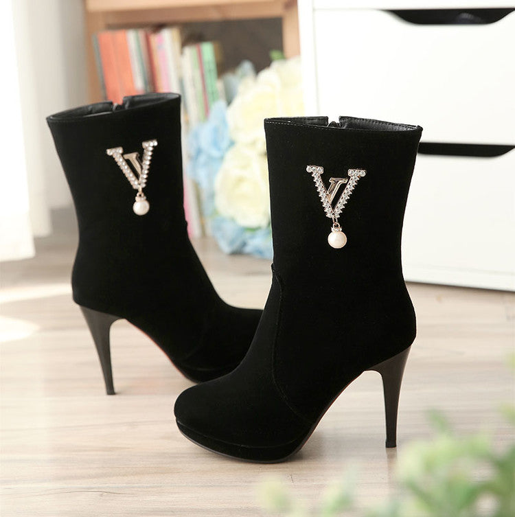 Women's Flock Round Toe Side Zippers Rhinestone Pearls Cone Heel Platform Short Boots