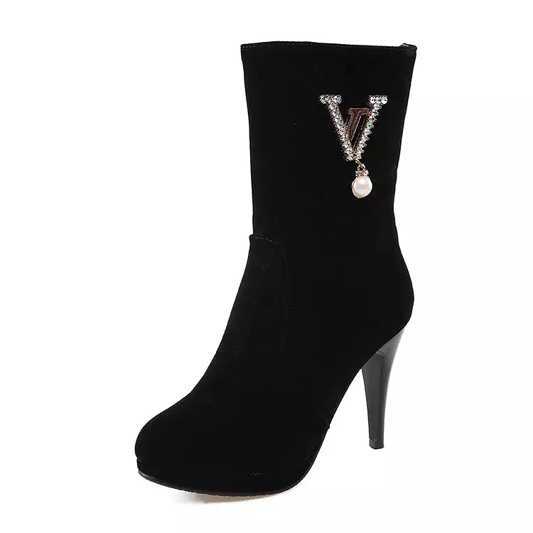 Women's Flock Round Toe Side Zippers Rhinestone Pearls Cone Heel Platform Short Boots