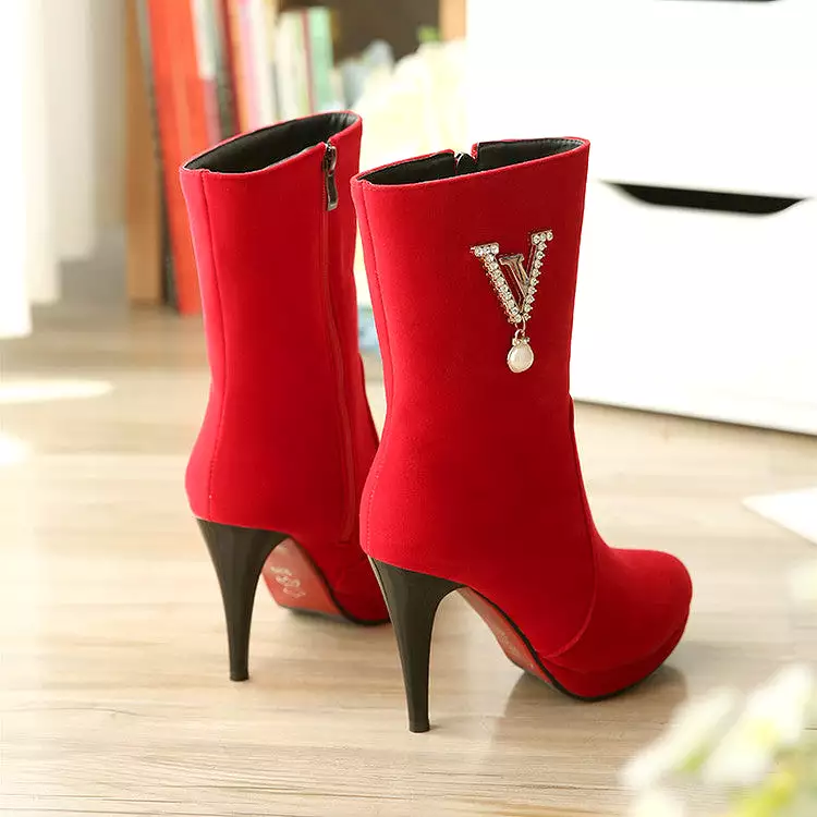 Women's Flock Round Toe Side Zippers Rhinestone Pearls Cone Heel Platform Short Boots