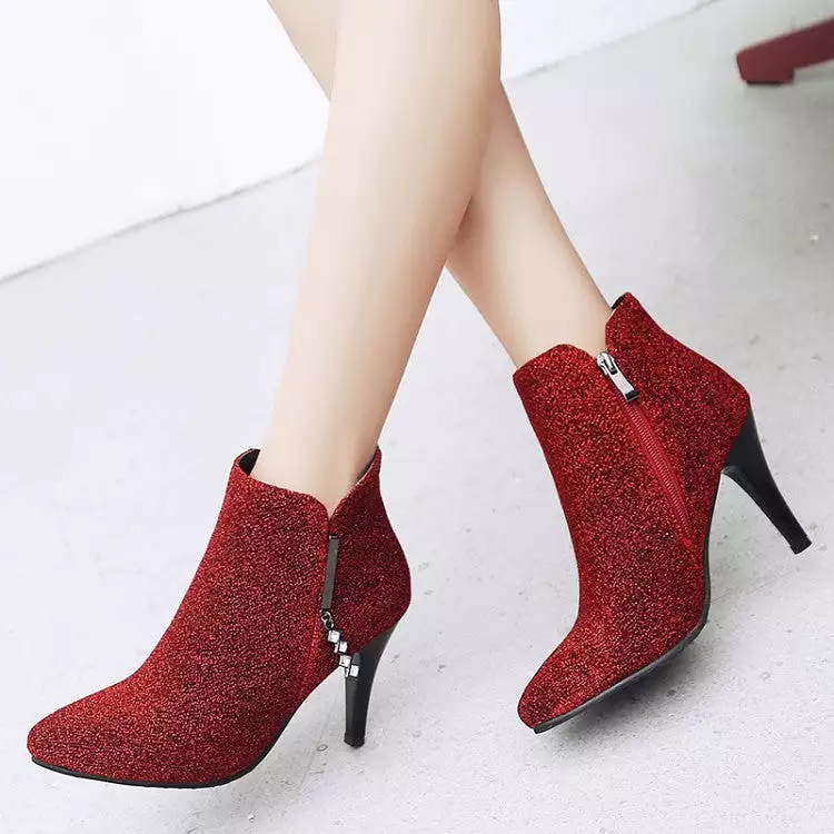 Women's Glitter Pointed Toe Side Zippers Cone Heel Ankle Boots