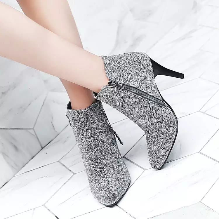 Women's Glitter Pointed Toe Side Zippers Cone Heel Ankle Boots