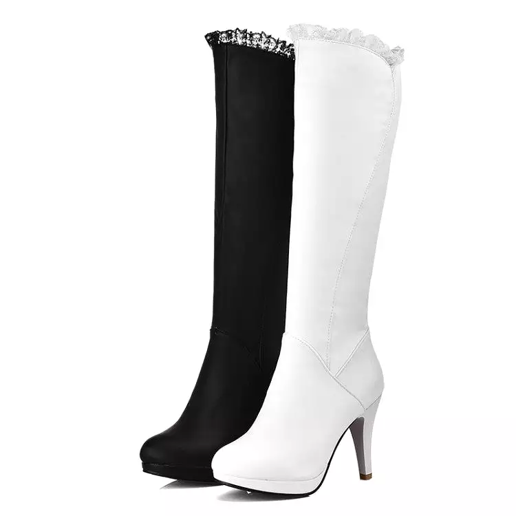 Women's Lace Side Zippers Cone Heel Platform Knee High Boots