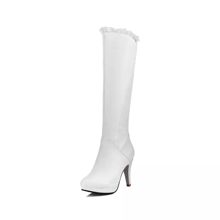 Women's Lace Side Zippers Cone Heel Platform Knee High Boots