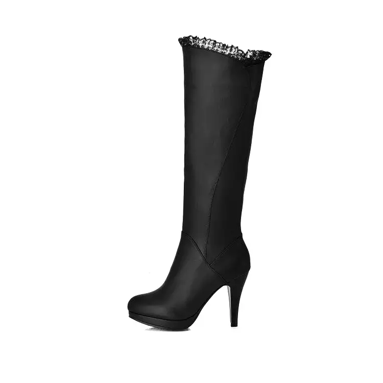 Women's Lace Side Zippers Cone Heel Platform Knee High Boots