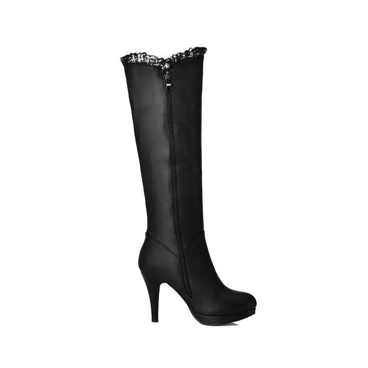 Women's Lace Side Zippers Cone Heel Platform Knee High Boots