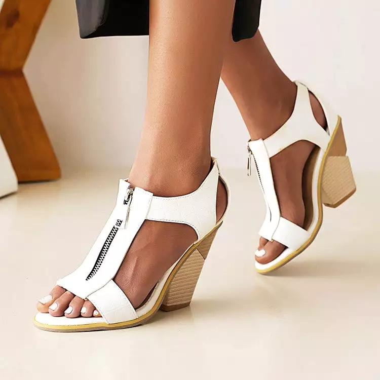 Women's Open Toe Zippers Cutout Cone Heel Sandals