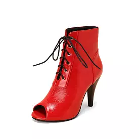 Women's Pu Leather Peep Toe Lace Up Cone Heel Short Boots