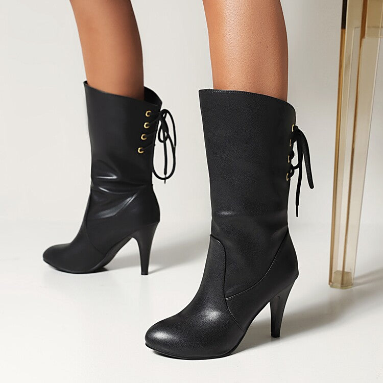 Women's Pu Leather Round Toe Back Lace Up Cone Heel Mid-Calf Boots