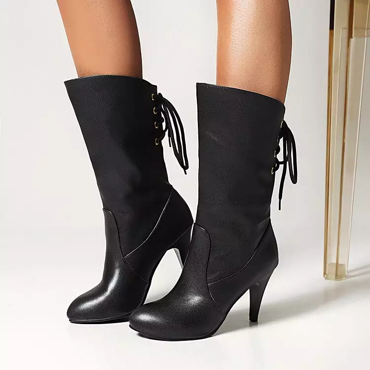 Women's Pu Leather Round Toe Back Lace Up Cone Heel Mid-Calf Boots