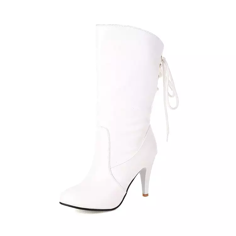 Women's Pu Leather Round Toe Back Lace Up Cone Heel Mid-Calf Boots