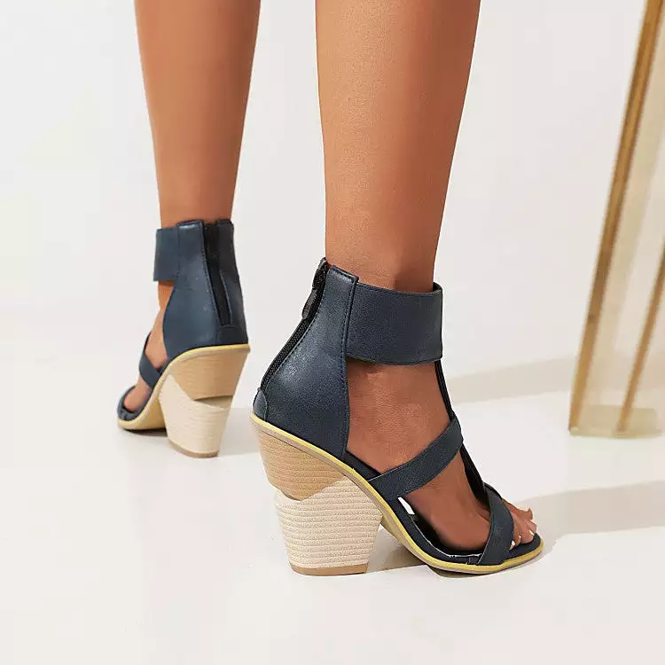 Women's Roman Gladiator Cutout Back Zippers Cone Heel Sandals