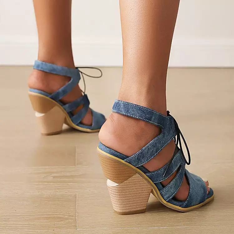 Women's Roman Gladiator Denim Tied Straps Cone Heel Sandals