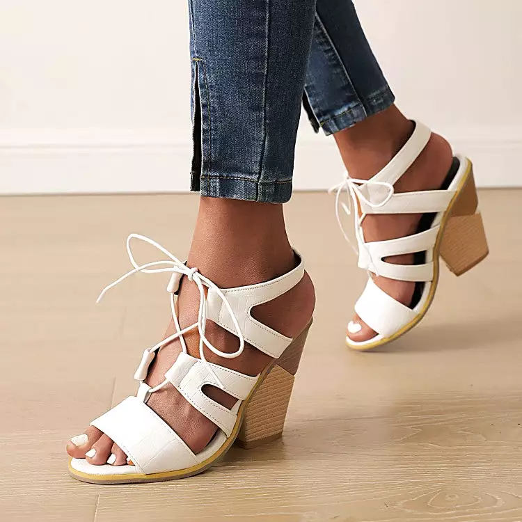 Women's Roman Gladiator Denim Tied Straps Cone Heel Sandals