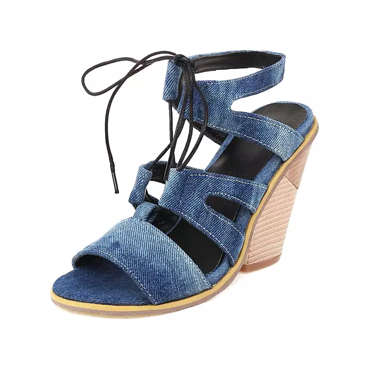 Women's Roman Gladiator Denim Tied Straps Cone Heel Sandals