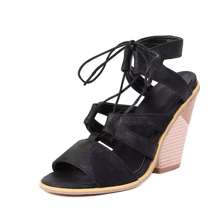 Women's Roman Gladiator Denim Tied Straps Cone Heel Sandals