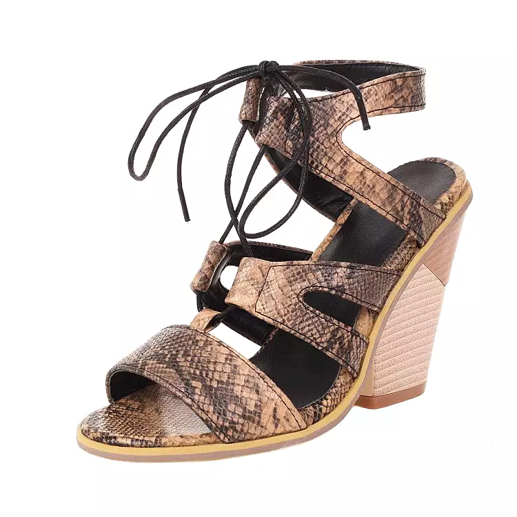 Women's Roman Gladiator Denim Tied Straps Cone Heel Sandals